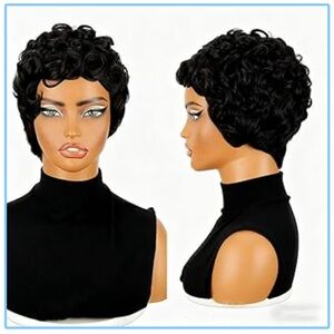 Black Color Pixie Cut Wigswith Bangs Short Curly Wig Synthetic Hair